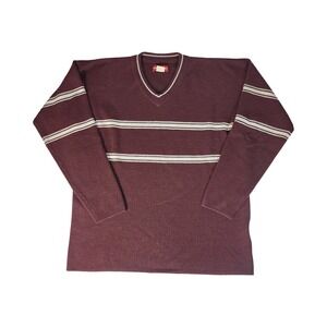 Unionbay Vintage Maroon Striped V-Neck Knit Sweater Mens Small Burgundy 90s Y2K